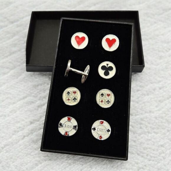 Men's Cuff Links Gift Box Set 4pcs Tuxedo Prom Wedding Formal Poker Player Cards - Picture 4 of 9